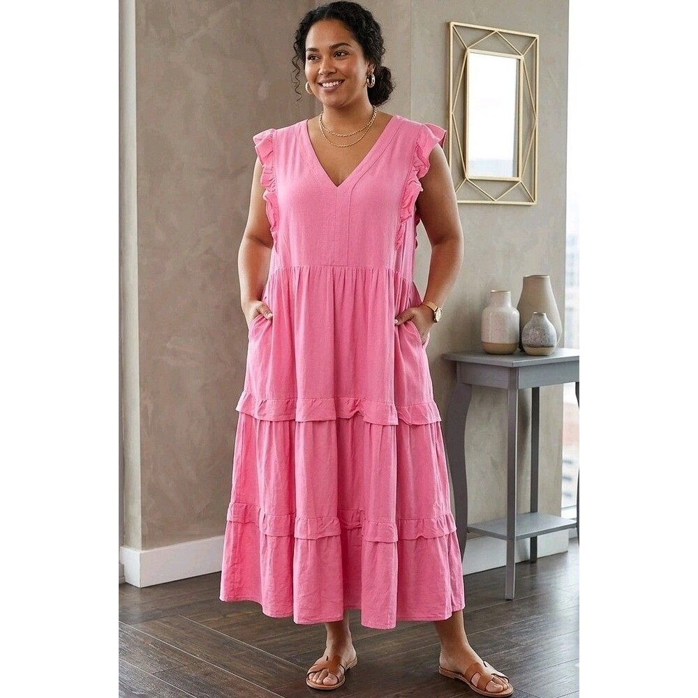 Entro Pink Tiered Madi  Dress 1X Plus Sz  Ruffle Sleeve Rayon Pockets Boho Relax
